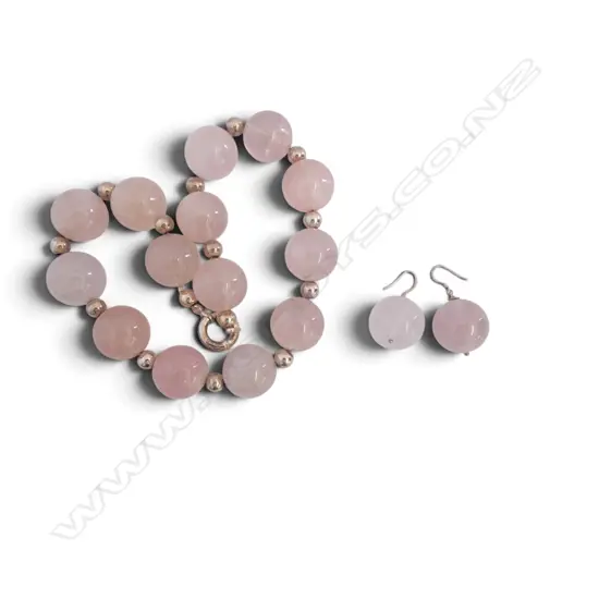 STG SILVER / PINK QUARTZ BEAD NECKLACE L.450mm + PR EARRINGS