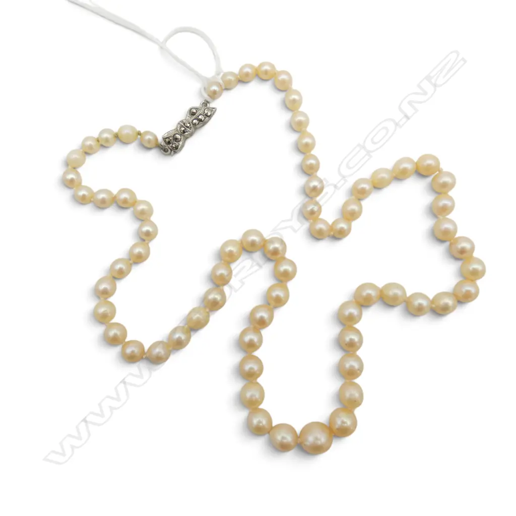 CULTURED PEARL NECKLACE WITH 835 SILVER MARCASITE CLASP BY JUTTA KLINK  (deep cream lustre) L.420mm Image 1++