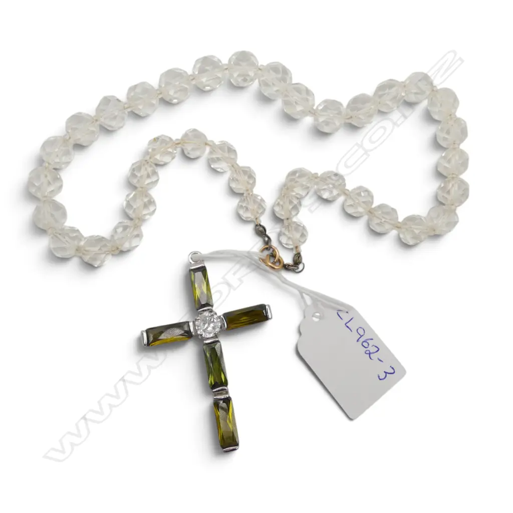 COSTUME TOURMALINE CROSS AND CRYSTAL BEAD NECKLACE Image 1++