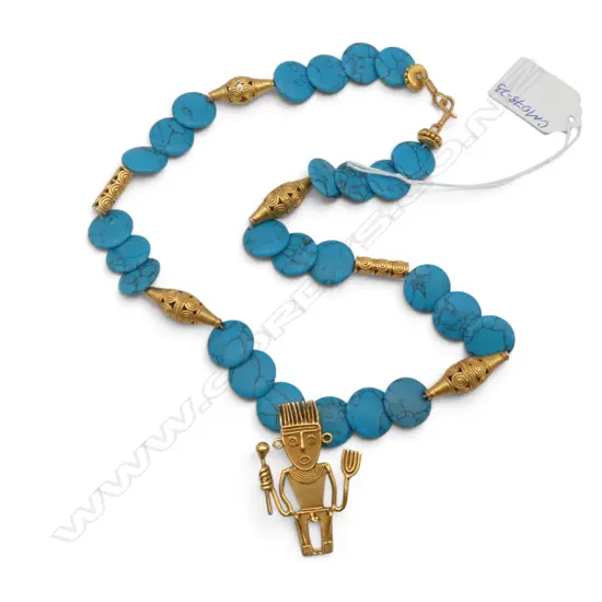 PRE-COLUMBIAN STYLE GOLD PLATE & BLUE DYED HOWLITE DISC NECKLACE L.560mm