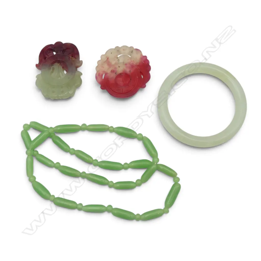 TWO JADE PENDANTS, A JADE BANGLE and JADE COLOURED GLASS BEAD NECKLACE Image 1++