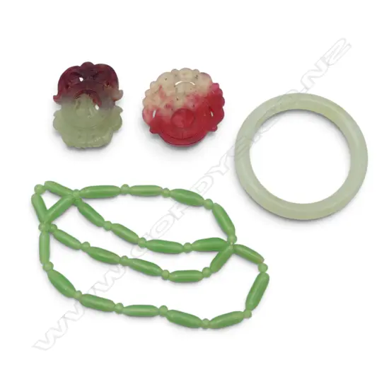 TWO JADE PENDANTS, A JADE BANGLE and JADE COLOURED GLASS BEAD NECKLACE