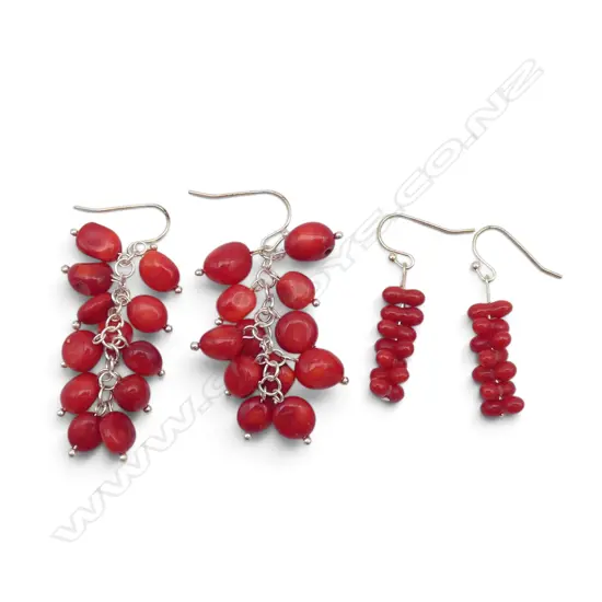 TWO PAIRS DYED RED CORAL AND SILVER EARRINGS