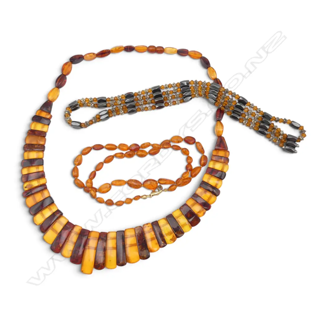 2 AMBER NECKLACES & HEMATITE/BEAD SAUTOIR Image 1++