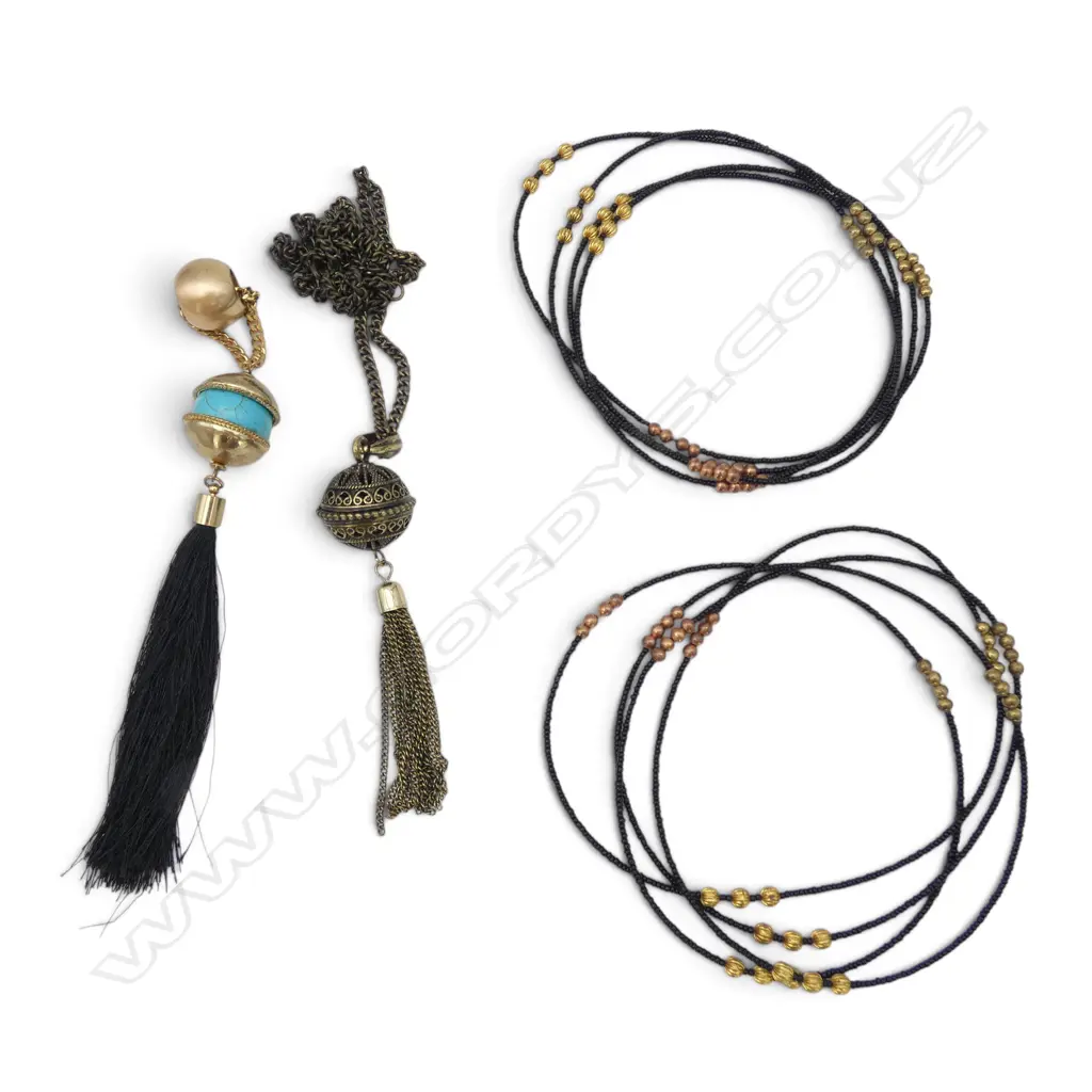 COSTUME TASSEL PENDANT/TWO BLACK AND METAL BEAD NECKLACES/PENDANT NECKLACE Image 1++
