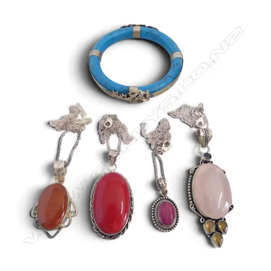 OPAQUE RUBY & SILVER PENDANT on CHAIN, 2 SEMI PRECIOUS STONE PENDANTS on CHAINS TEST NOT SILVER & ORIENTAL STYLE BANGLE