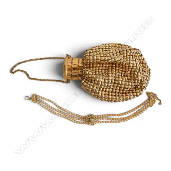 GILT EXPANDING EVENING PURSE/COSTUME PEARL NECKLACE