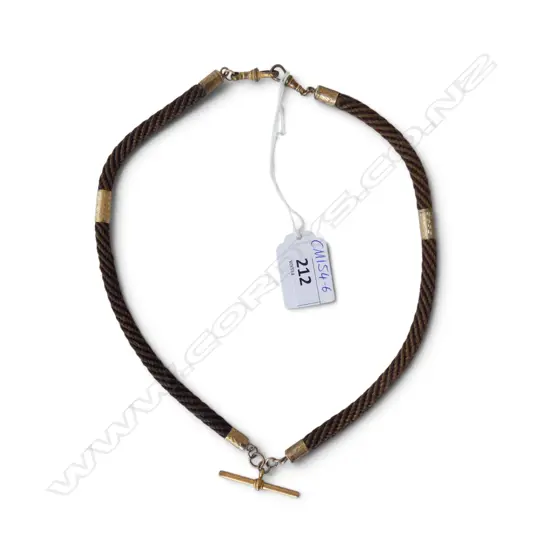 VICTORIAN MOURNING NECKLACE rolled gold t bar & dog clips, 9ct fittings
