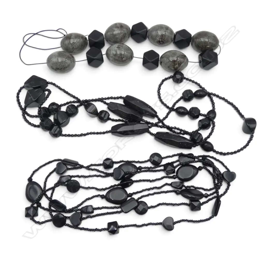 TWO BLACK BEAD NECKLACES AND LARGE BLACK AND GREY POTTERY BEAD NECKLACE Image 1++