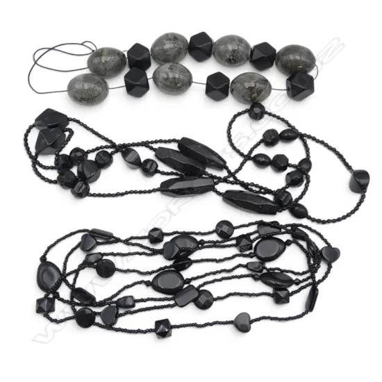 TWO BLACK BEAD NECKLACES AND LARGE BLACK AND GREY POTTERY BEAD NECKLACE