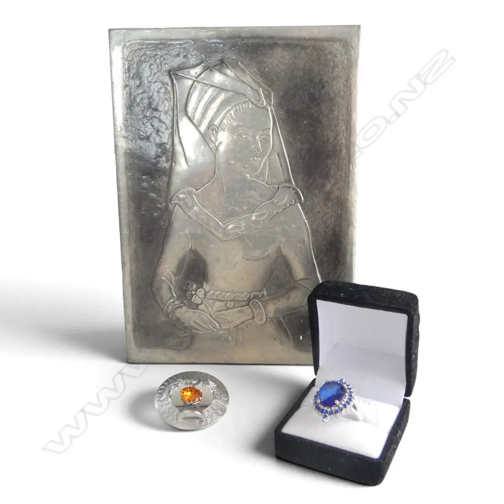 Silverplated Halo Ring, Mizpah Brooch w. Tartan Box, & Penzance Pewter Wall Plaque Image 1++