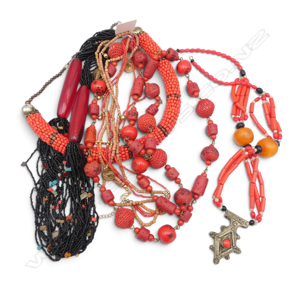 FIVE GOOD TRIBAL TYPE RED BEAD NECKLACES Image 1++