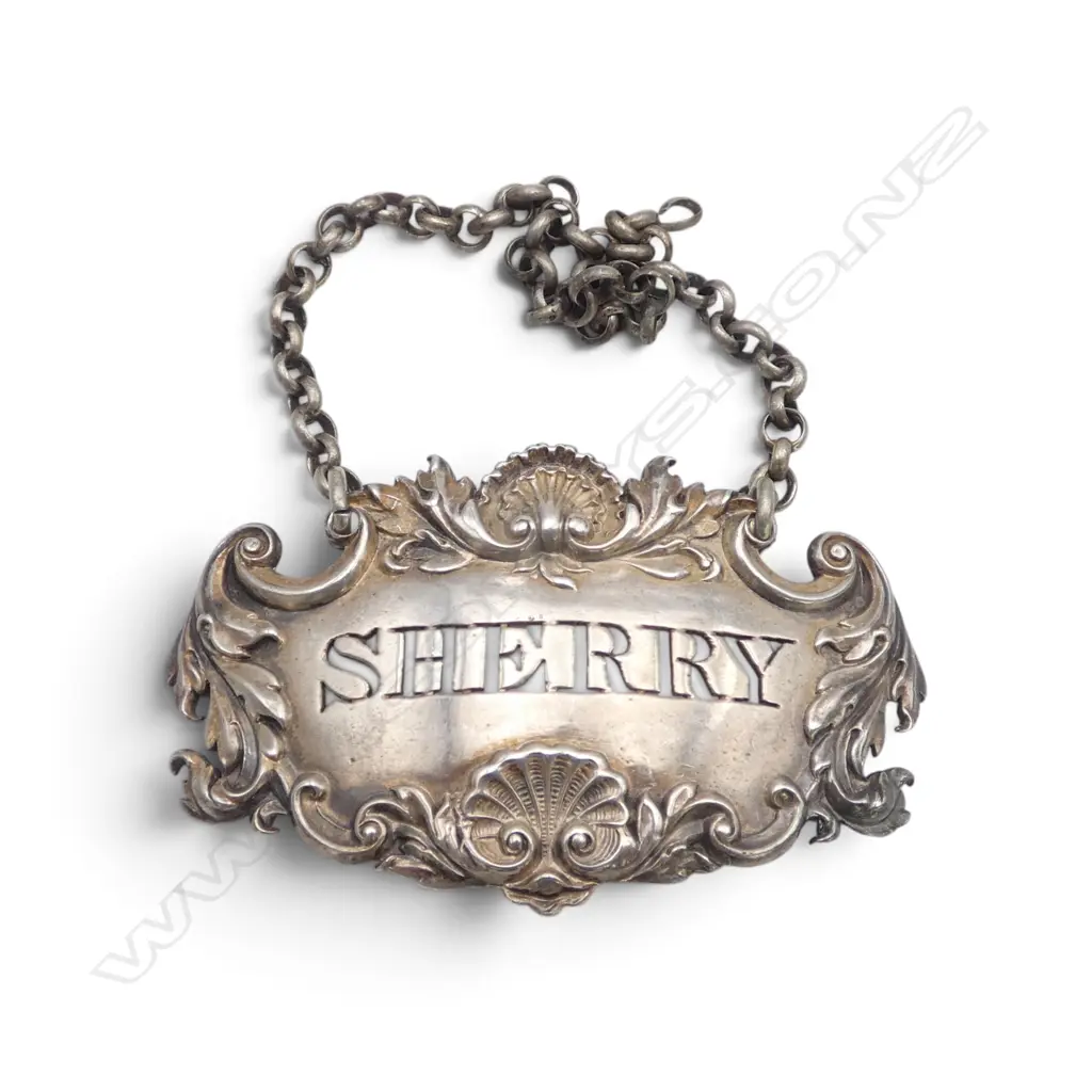 STG SILVER 'SHERRY' DECANTER LABEL,19gms, link needs rejoining, L.60mm W.35mm Image 1++