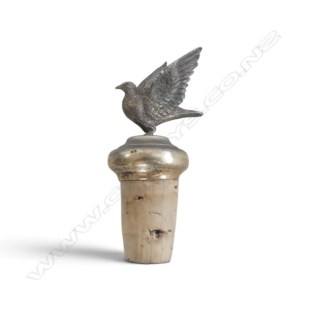 SILVER London 1984 TOPPED BOTTLE STOPPER with bird. Wings raised. Cork attached Image 1++