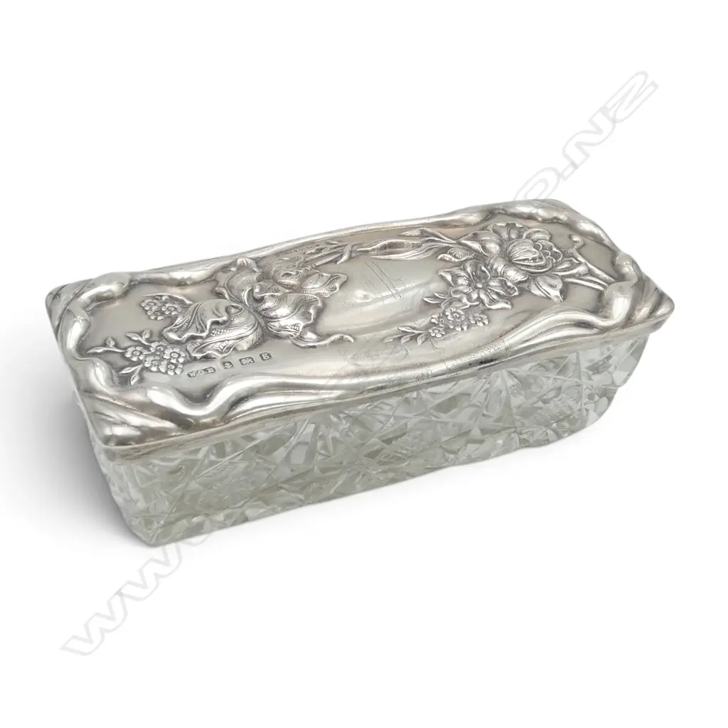ART NOUVEAU STG SILVER & CRYSTAL TRINKET BOX, B'HAM 1906, W.45mm, L.110mm, H.35mm Image 1++