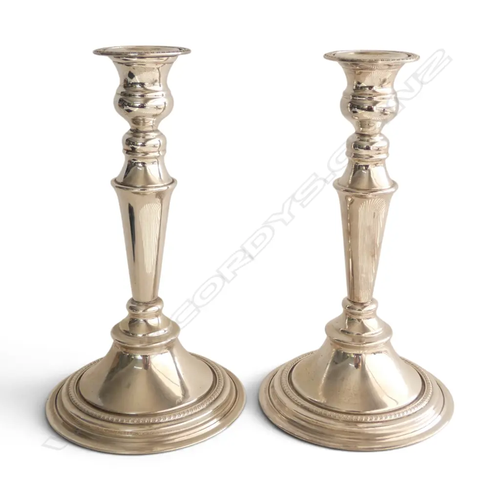 PAIR WALKER & HALL SILVERPLATED CANDLESTICKS, GADROONED PATTERN, H.255mm Image 1++