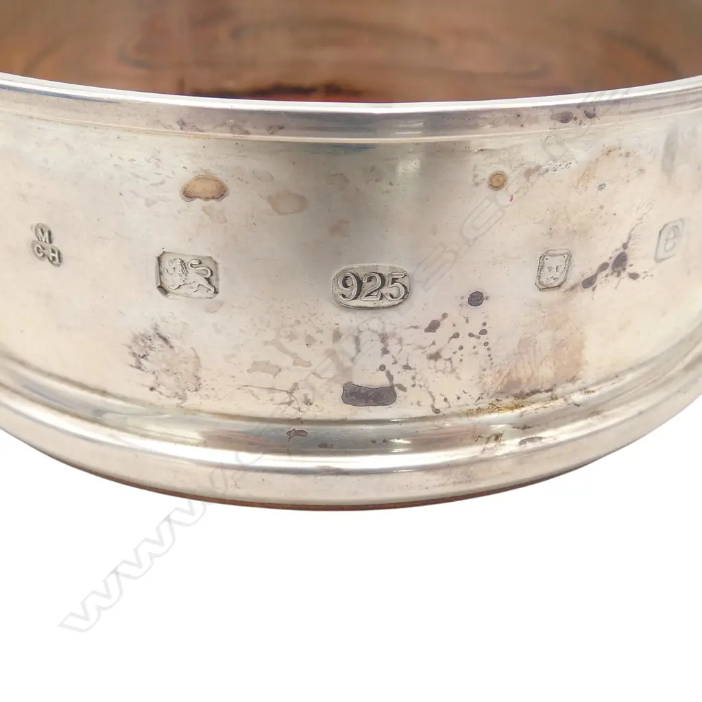 PAIR STG SILVER & MAHOGANY WINE BOTTLE COASTERS LONDON 2004, total 194gms, small crease to one, Dia.103mm, H.37mm Image 1++