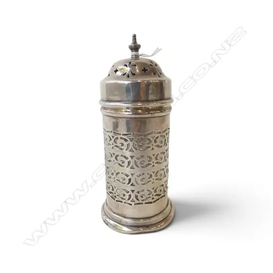 STG SILVER SUGAR CASTOR W. GLASS LINER, CHESTER 1910, DENT TO BASE, 79gms (SILVER), H.135mm, Dia.62mm