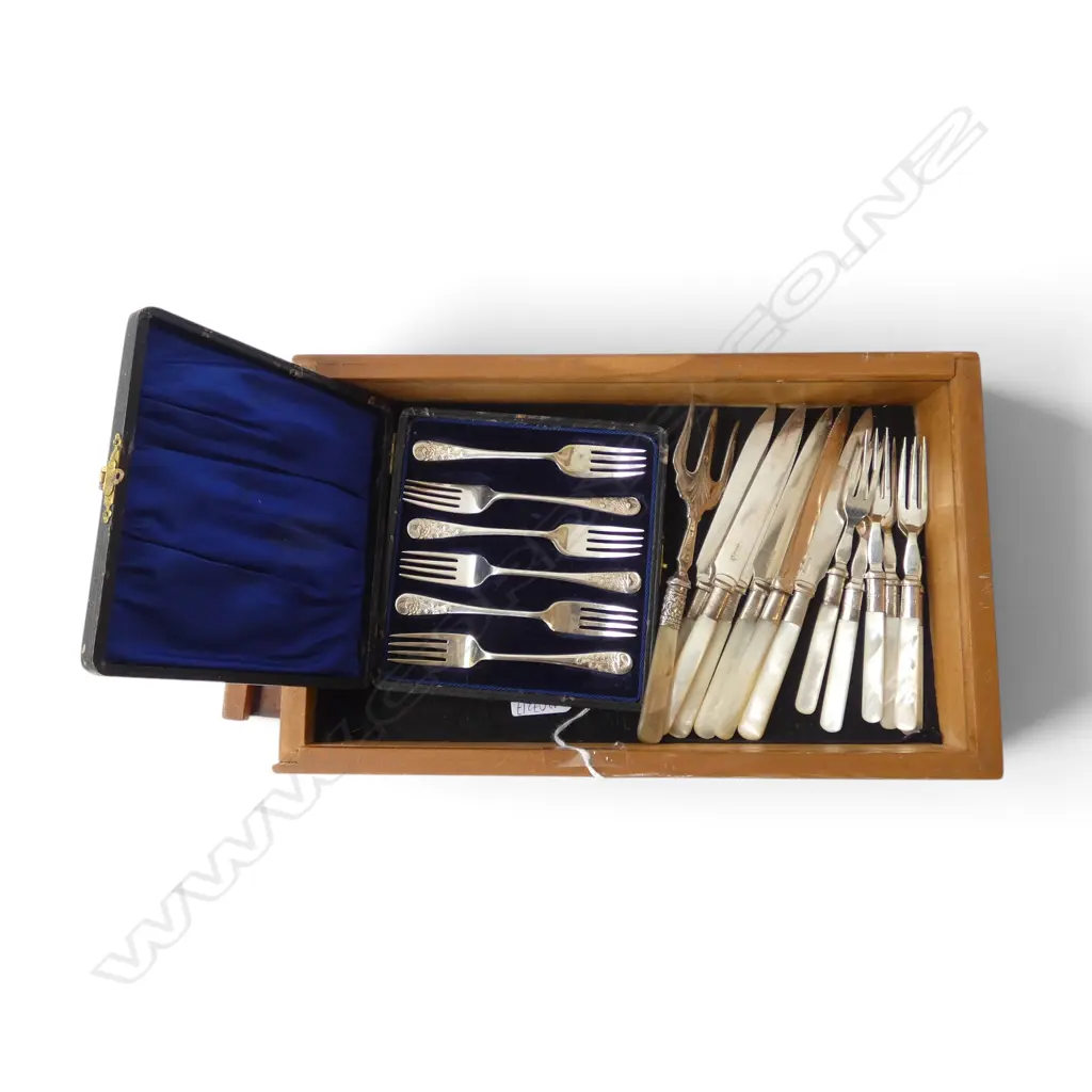 12 PCE FRUIT CUTLERY SET w. STG SILVER TRIM + EXTRA FORK, 6 CASED EP CAKE FORKS & BOX Image 1++