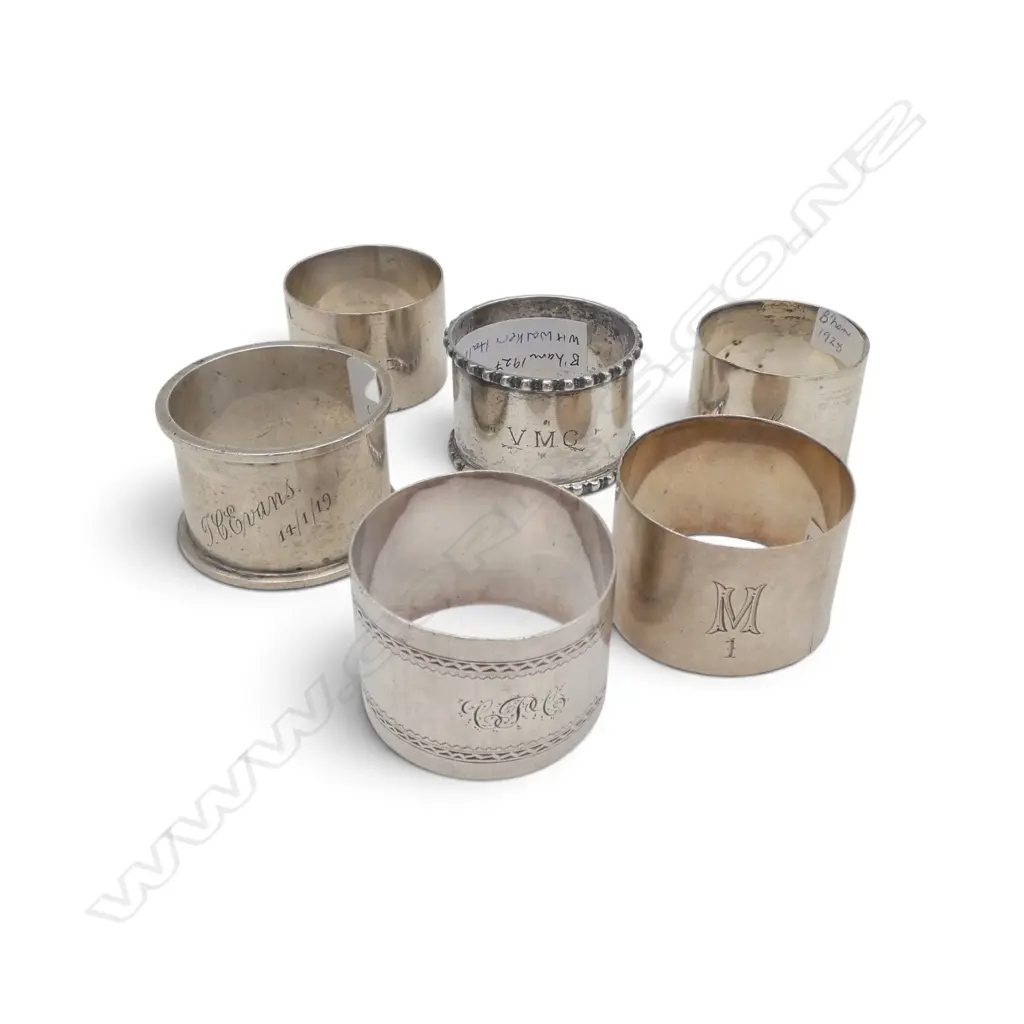 6 STG SILVER NAPKIN RINGS, W. INITIALS/NAMES, ENGLISH HALLMARKS, 189gms Image 1++