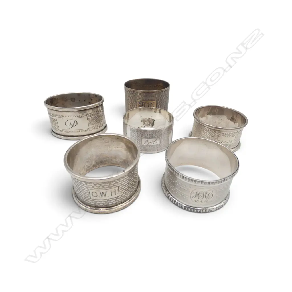 6 STG SILVER NAPKING RINGS, ENGINE TURNED DECORATION WITH INITIALS, ENGLISH HALLMARKS, 128gms Image 1++