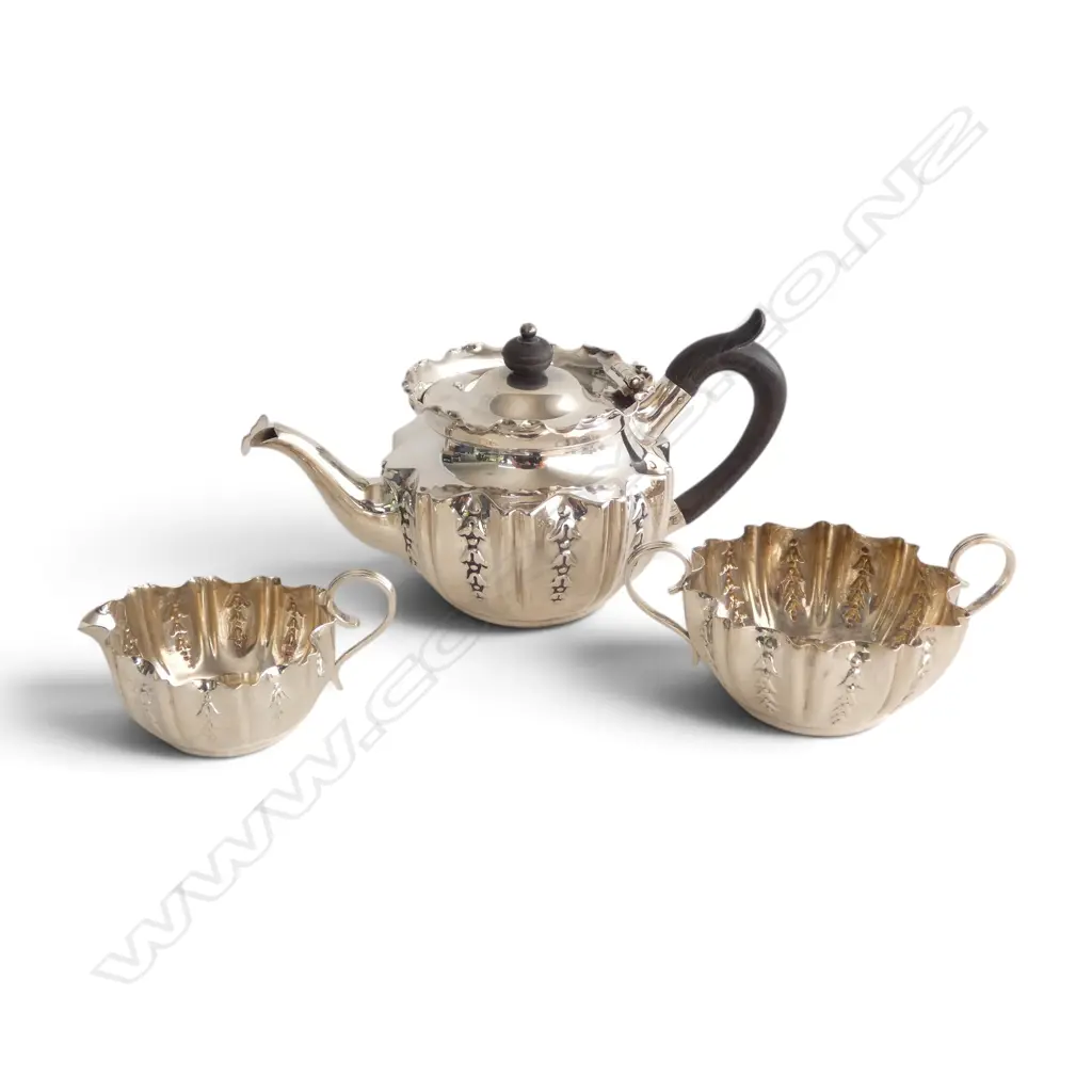 STG SILVER 3 PCE TEA SET, FENTON BROTHERS, SHEFFIELD 1896, 386gms Image 1++