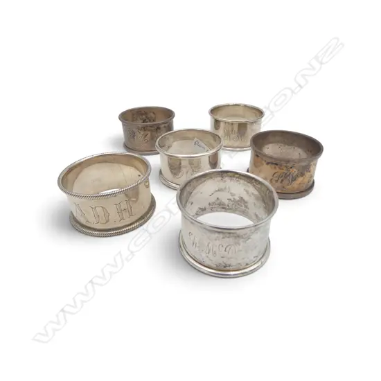 6 STG SILVER PLAIN NAPKIN RINGS WITH INITIALS, ENGLISH HALLMARKS, 96gms