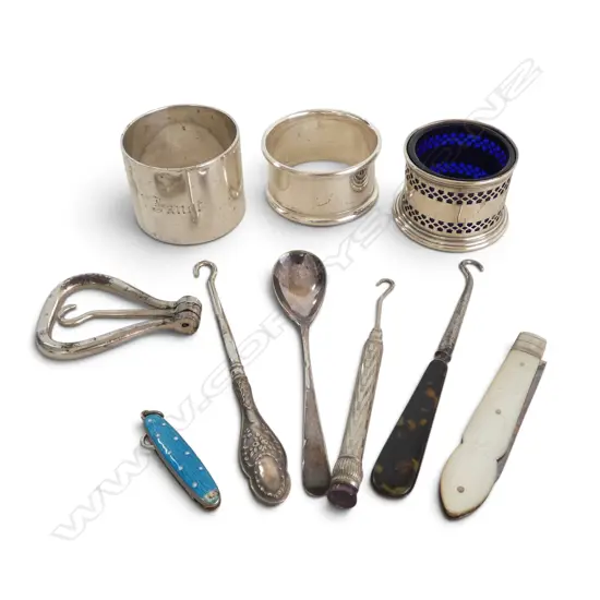 2 STG SILVER NAPKIN RINGS + CONDIMENT 85gms + 6 TOOLS