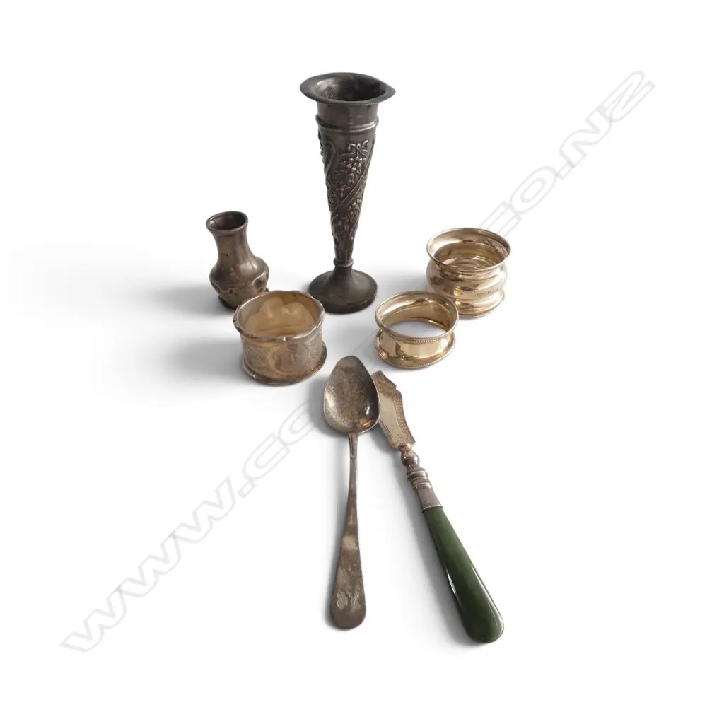 7 PCES STG SILVER INCL. 3 NAPKIN RINGS 129gms Image 1++