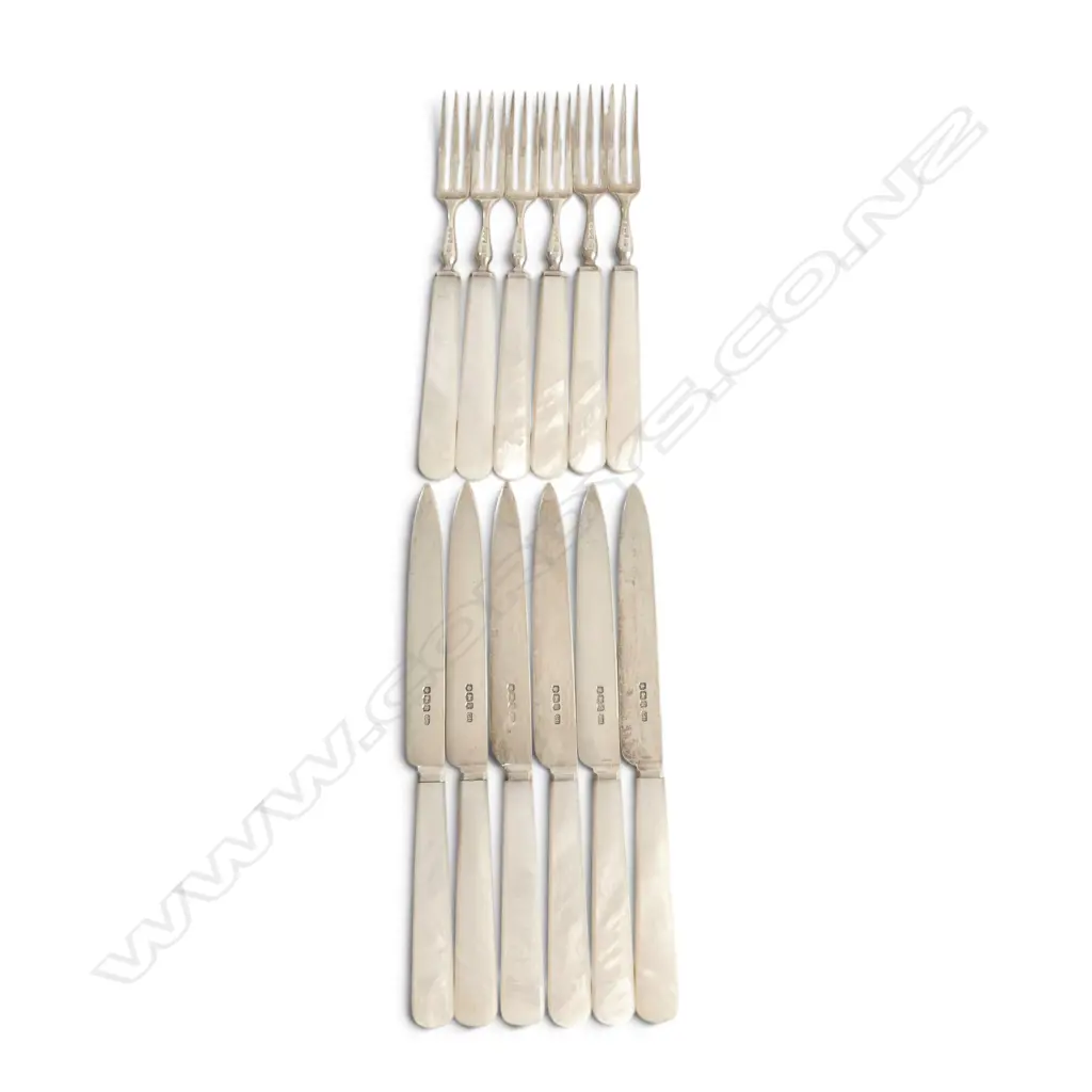 Sheffield 1927 SILVER & MOP 6 PLACE FRUIT KNIFE & FORK SET 422gms total Image 1++