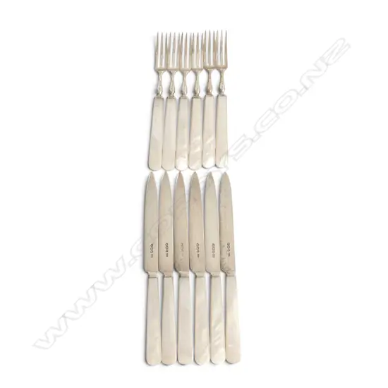 Sheffield 1927 SILVER & MOP 6 PLACE FRUIT KNIFE & FORK SET 422gms total