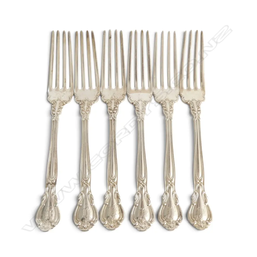 6 STERLING SILVER LUNCHEON FORKS (1 REPAIRED) L.175mm 253gms Image 1++