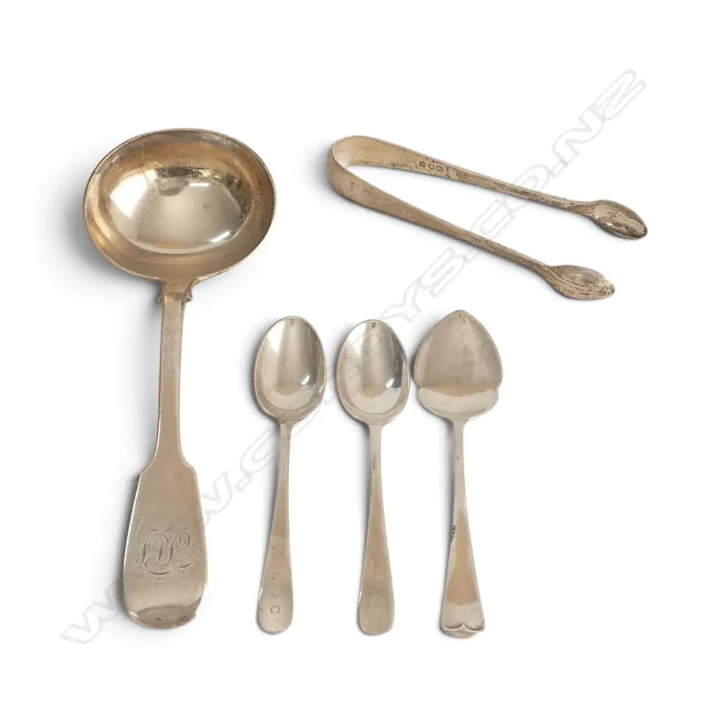 STG SILVER SAUCE LADLE + TONGS + PR TEASPOONS + JAM SPOON. 145gms Image 1++