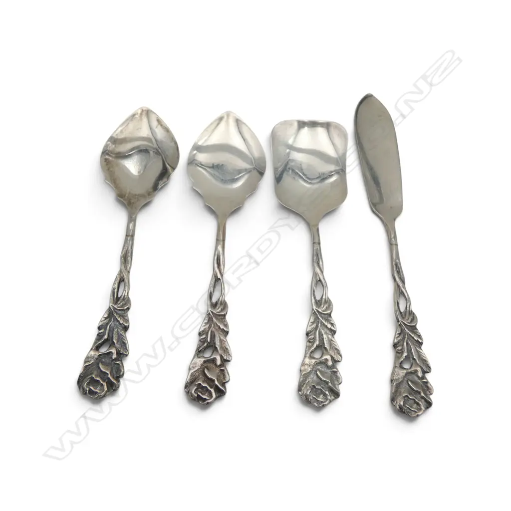 4PC STG SILVER FLORAL - 2 JAM SPOONS, SUGAR SPOON & BUTTER KNIFE, 46gms, L.110mm -130mm Image 1++