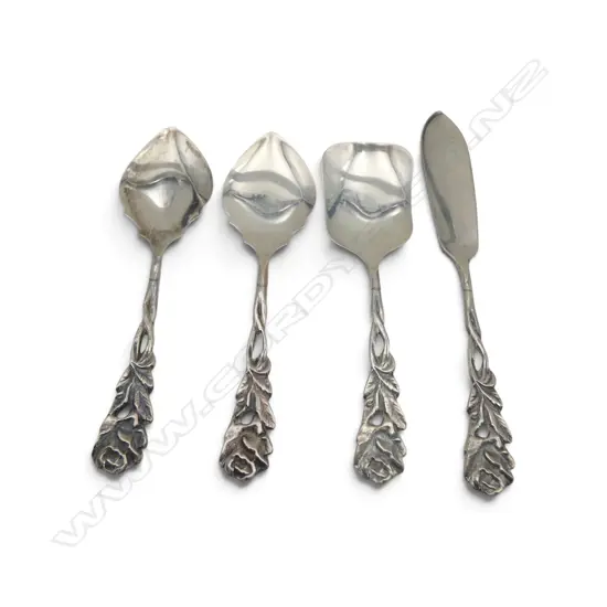 4PC STG SILVER FLORAL - 2 JAM SPOONS, SUGAR SPOON & BUTTER KNIFE, 46gms, L.110mm -130mm
