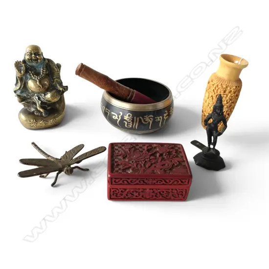 6 PCES OF ORIENTAL; BRASS BUDDHA, DRAGON FLY, etc