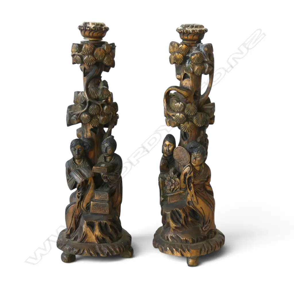 PR ORIENTAL GILT WOOD CANDLESTICKS H.345mm Image 1++