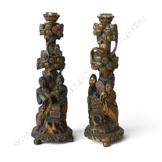 PR ORIENTAL GILT WOOD CANDLESTICKS H.345mm
