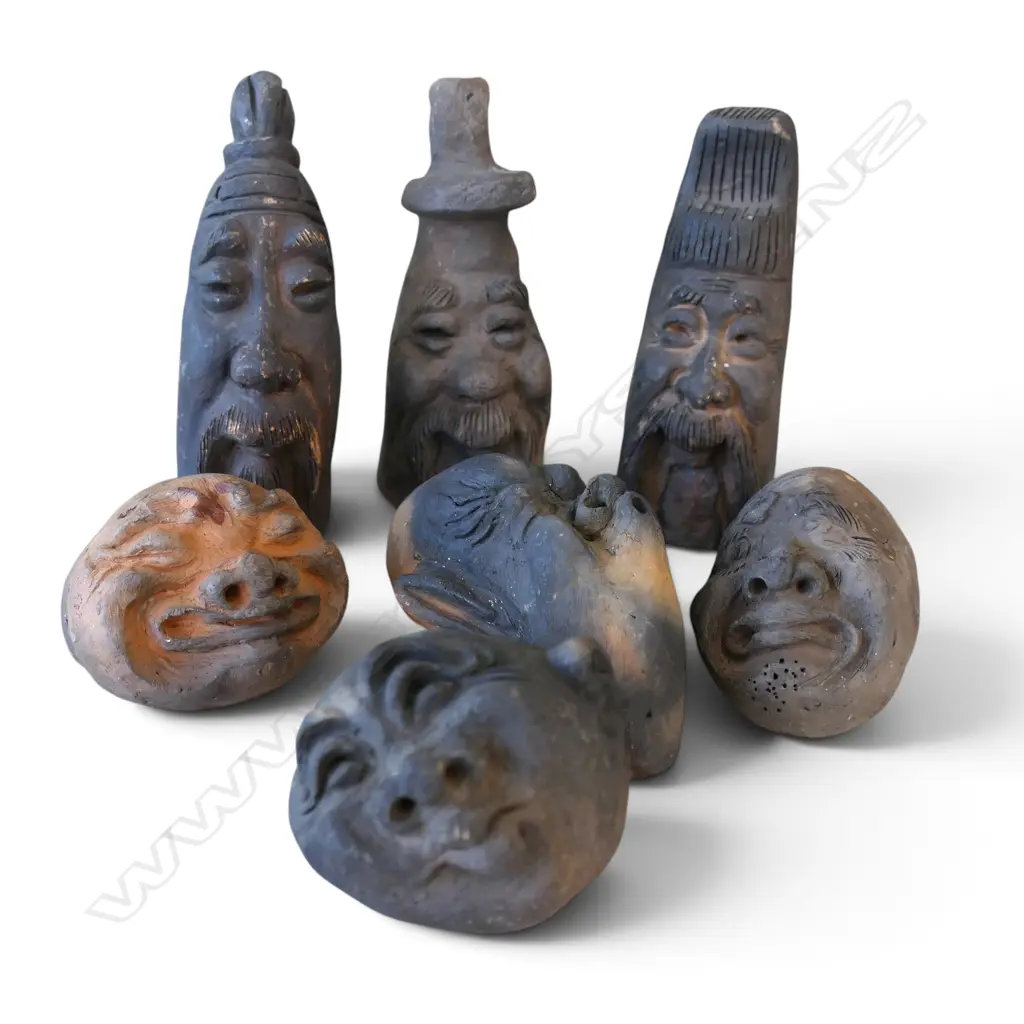 4 VINTAGE JAPANESE HYOTTOKO CLAY MASKS & 3 OTHER, H.50-100mm Image 1++