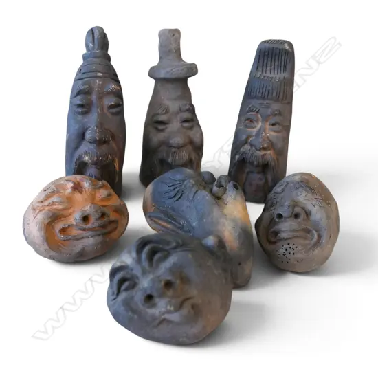 4 VINTAGE JAPANESE HYOTTOKO CLAY MASKS & 3 OTHER, H.50-100mm