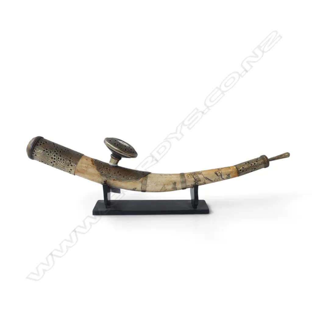 CHINESE METAL BOUND BONE OPIUM PIPE w. engraved scenes, on stand W.430mm Image 1++