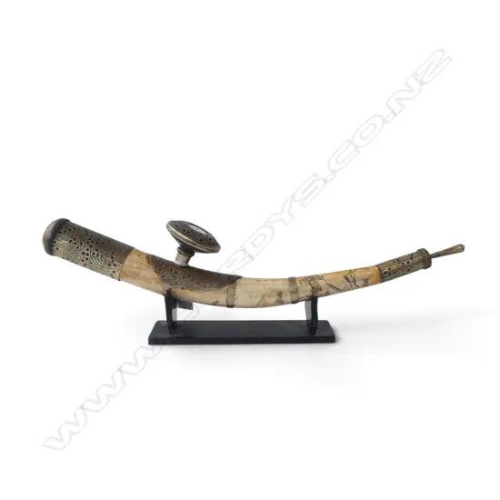 CHINESE METAL BOUND BONE OPIUM PIPE w. engraved scenes, on stand W.430mm