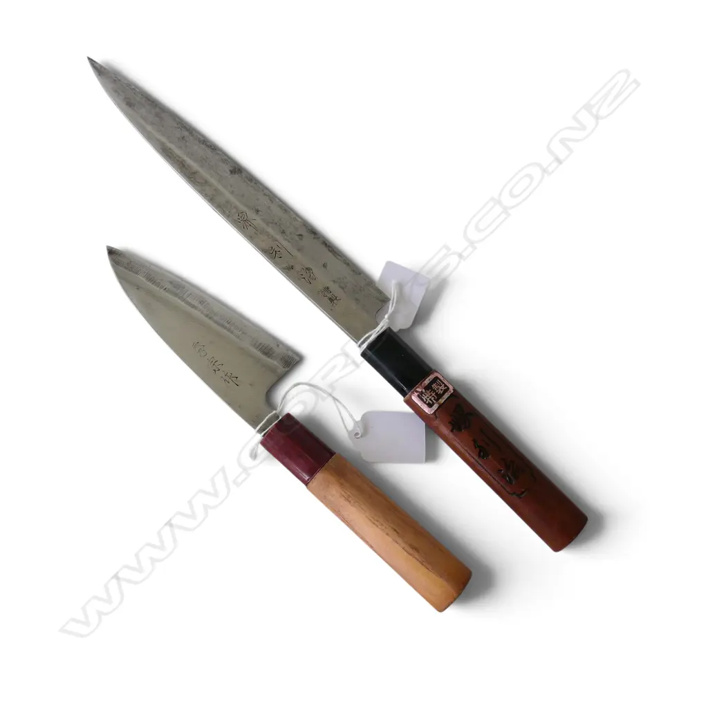 JAPANESE MINAMOTO CARBON STEEL CHEF'S KNIFE & PARING KNIFE, both signed to blade Image 1++