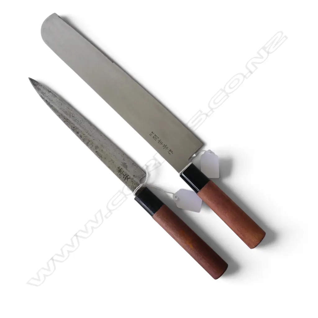 JAPANESE NAKIRI VEGETABLE KNIFE by Seki Munekage & VINTAGE YANAGIBA CARBON STEEL SASHIMI SLICER Image 1++