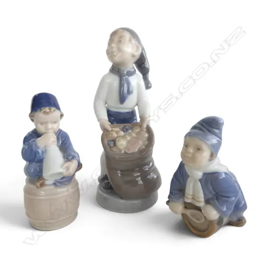 3 ROYAL COPENHAGEN FIGURINES; Boy w Sack by Hans Hansen c.1962, H.165mm SML BOY w HORN, H.110mm, Drummer boy, H.95mm