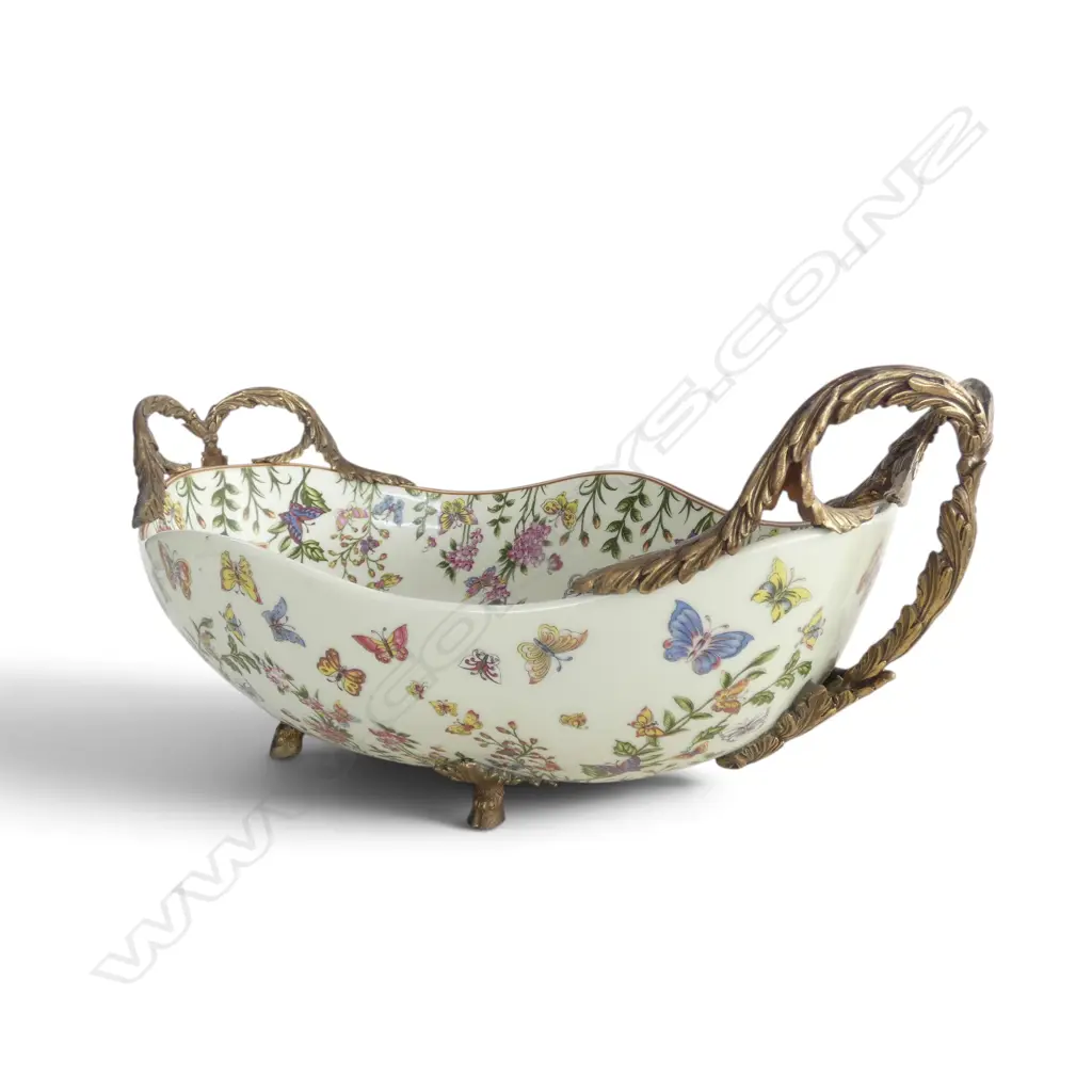 DECORATIVE CERAMIC DISH w. APPLIED METAL HANDLES W.480mm Image 1++
