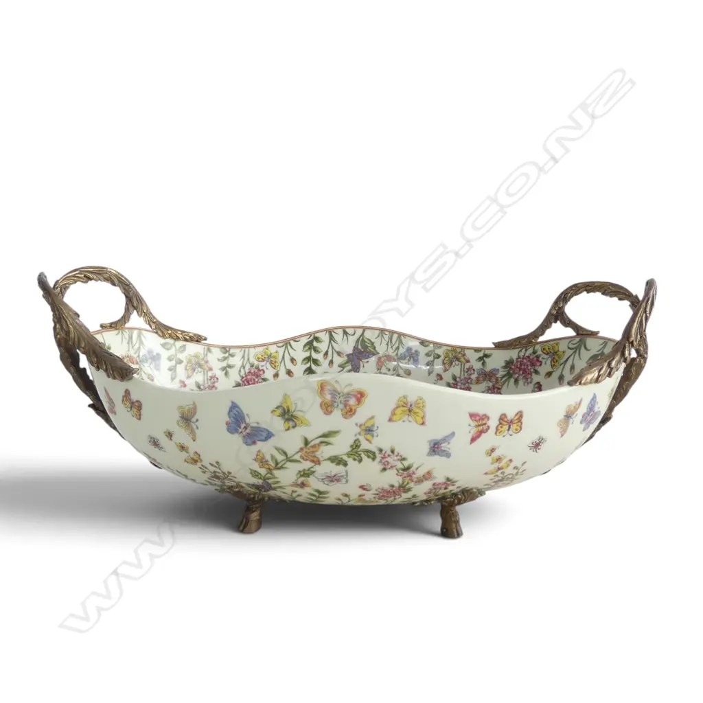 DECORATIVE CERAMIC DISH w. APPLIED METAL HANDLES W.480mm Image 1++