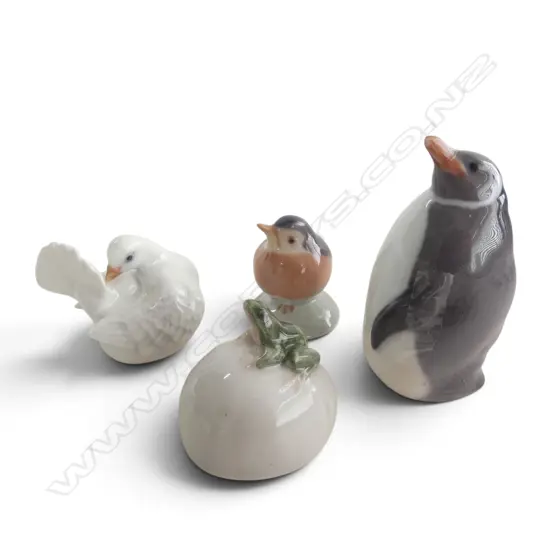 4 ROYAL COPENHAGEN SML FIGURINES; DOVE, PENGUIN (1938), BIRD & FROG (1952), H.40-70mm