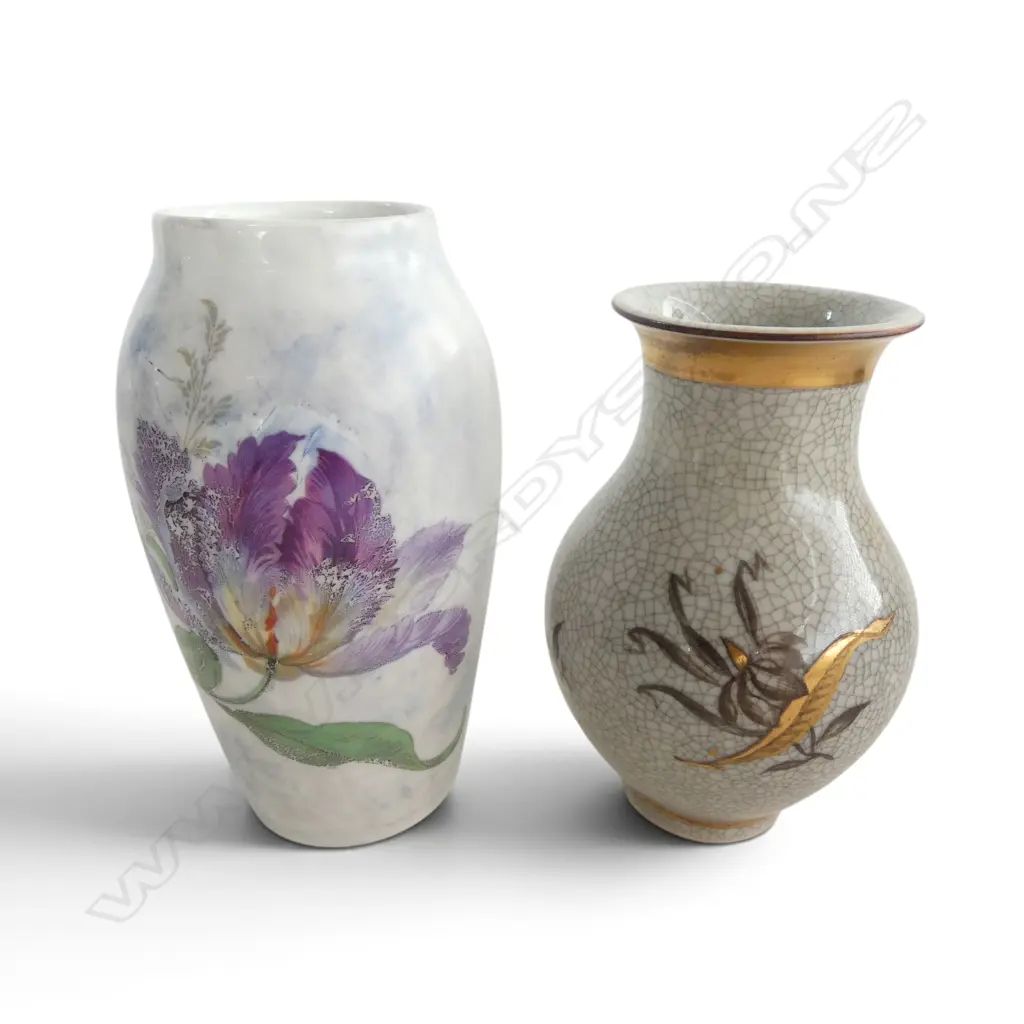 2 ROYAL COPENHAGEN VASES, CRACKLE GLAZE w GILT & IRIS, H.110/125mm Image 1++