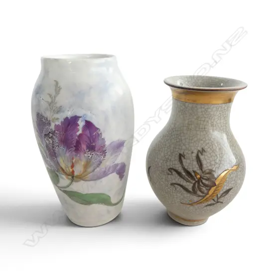 2 ROYAL COPENHAGEN VASES, CRACKLE GLAZE w GILT & IRIS, H.110/125mm